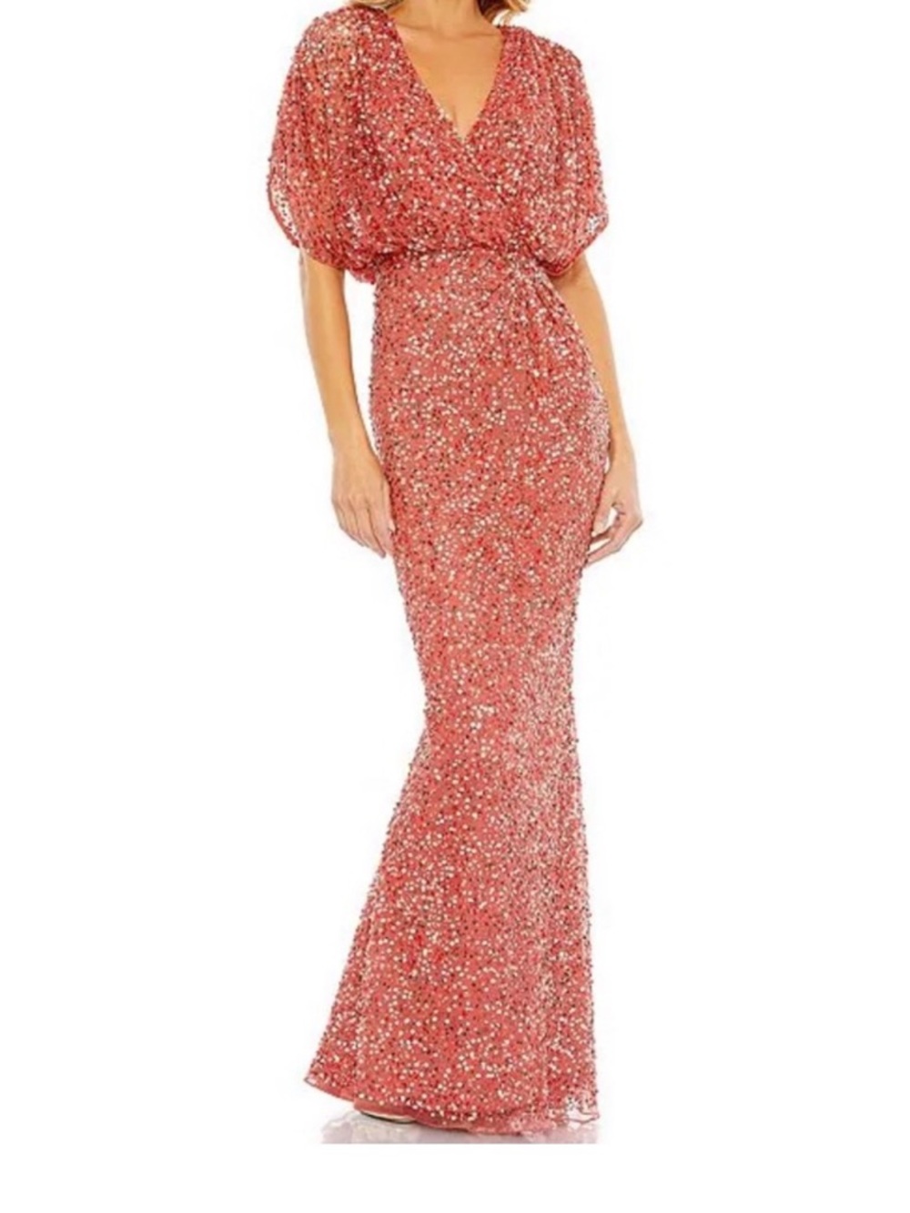 Mac Duggal Coral Pink Sequin V-Neck Mermaid Gown with Blouson Sleeves